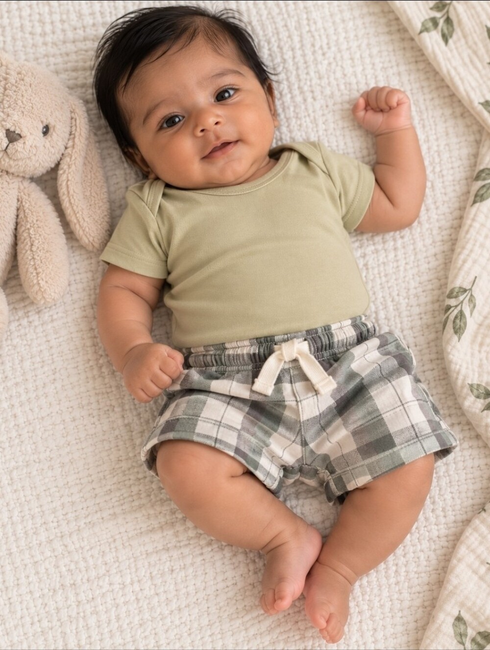 0-3 Month 2 Piece Green Gerber Baby Bodysuit & Carters Plaid Shorts Set